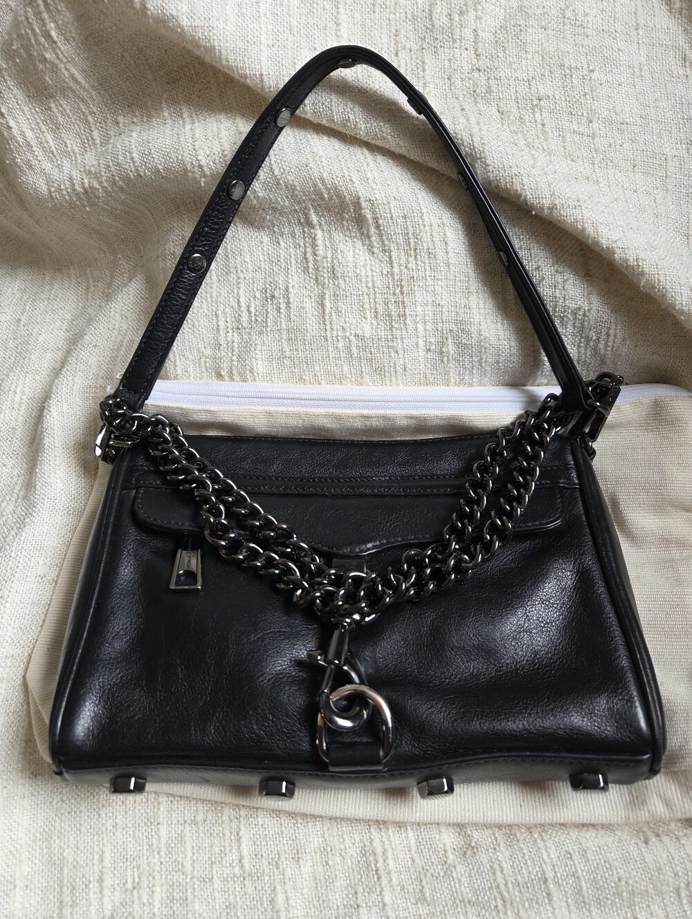 Rebecca Minkoff Black Leather Shoulder Bag with Gunmetal Chain